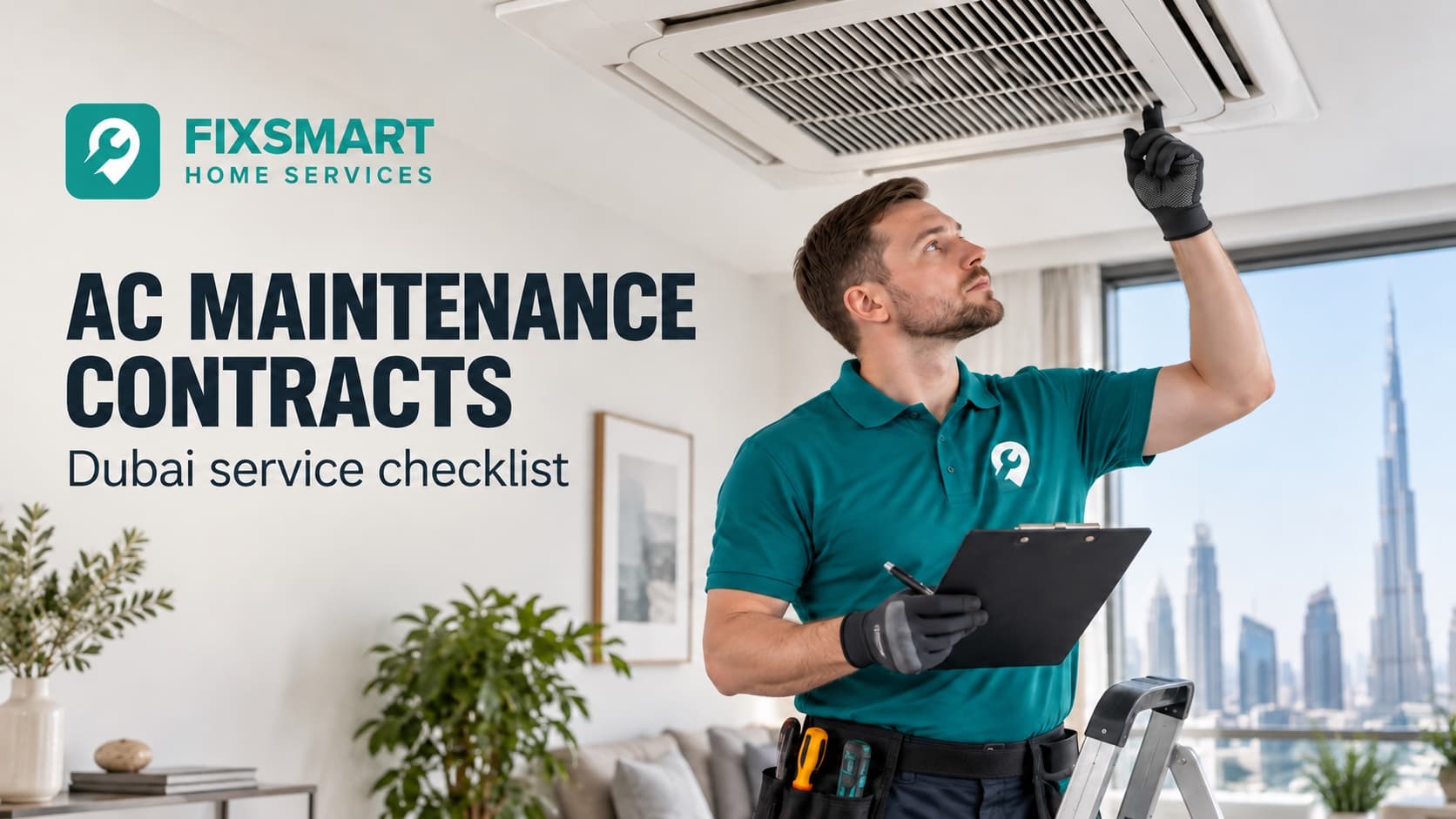 Illustrative AC technician inspecting a ceiling unit with a service checklist