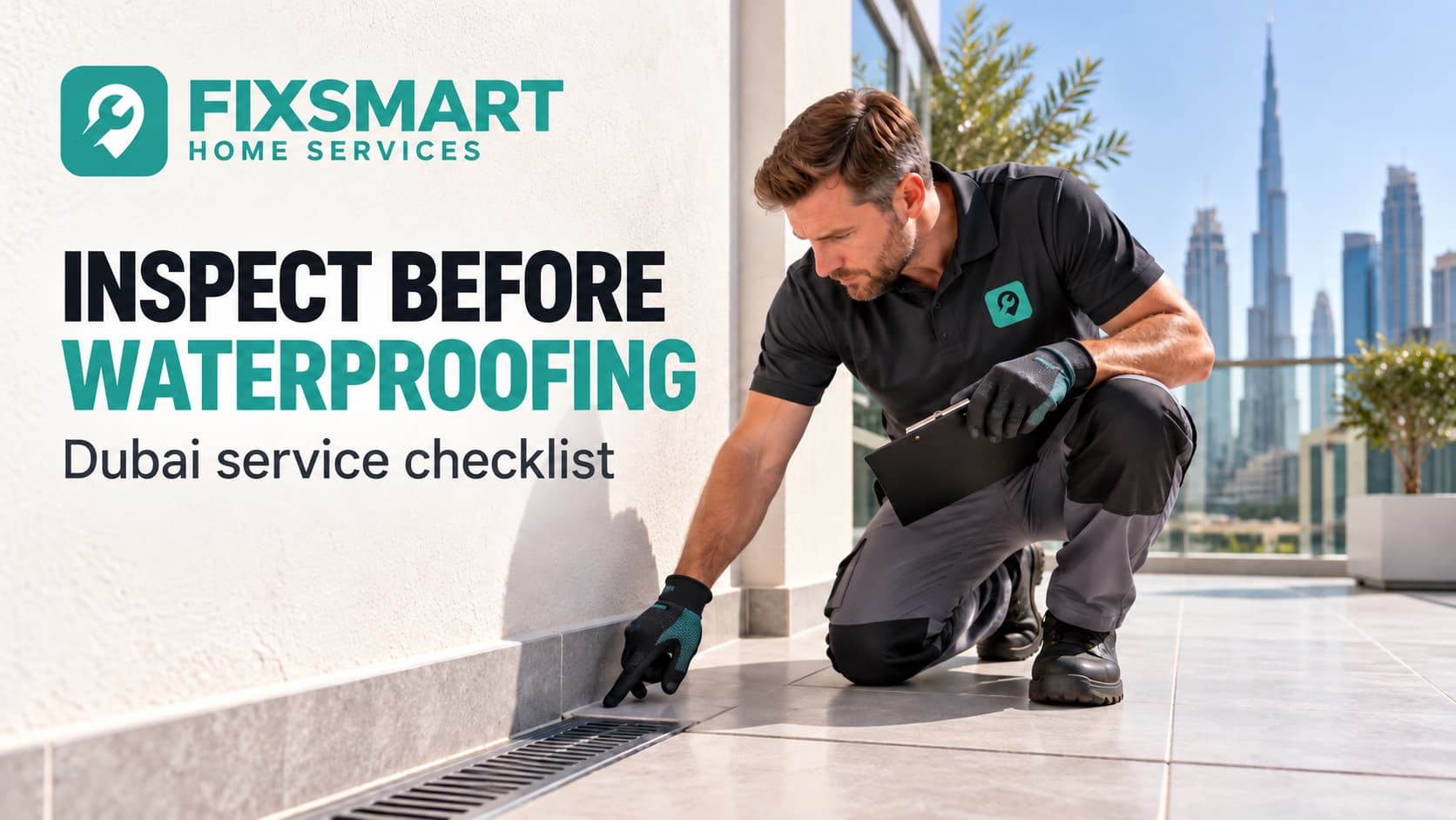 Illustrative waterproofing professional inspecting a balcony drain and threshold