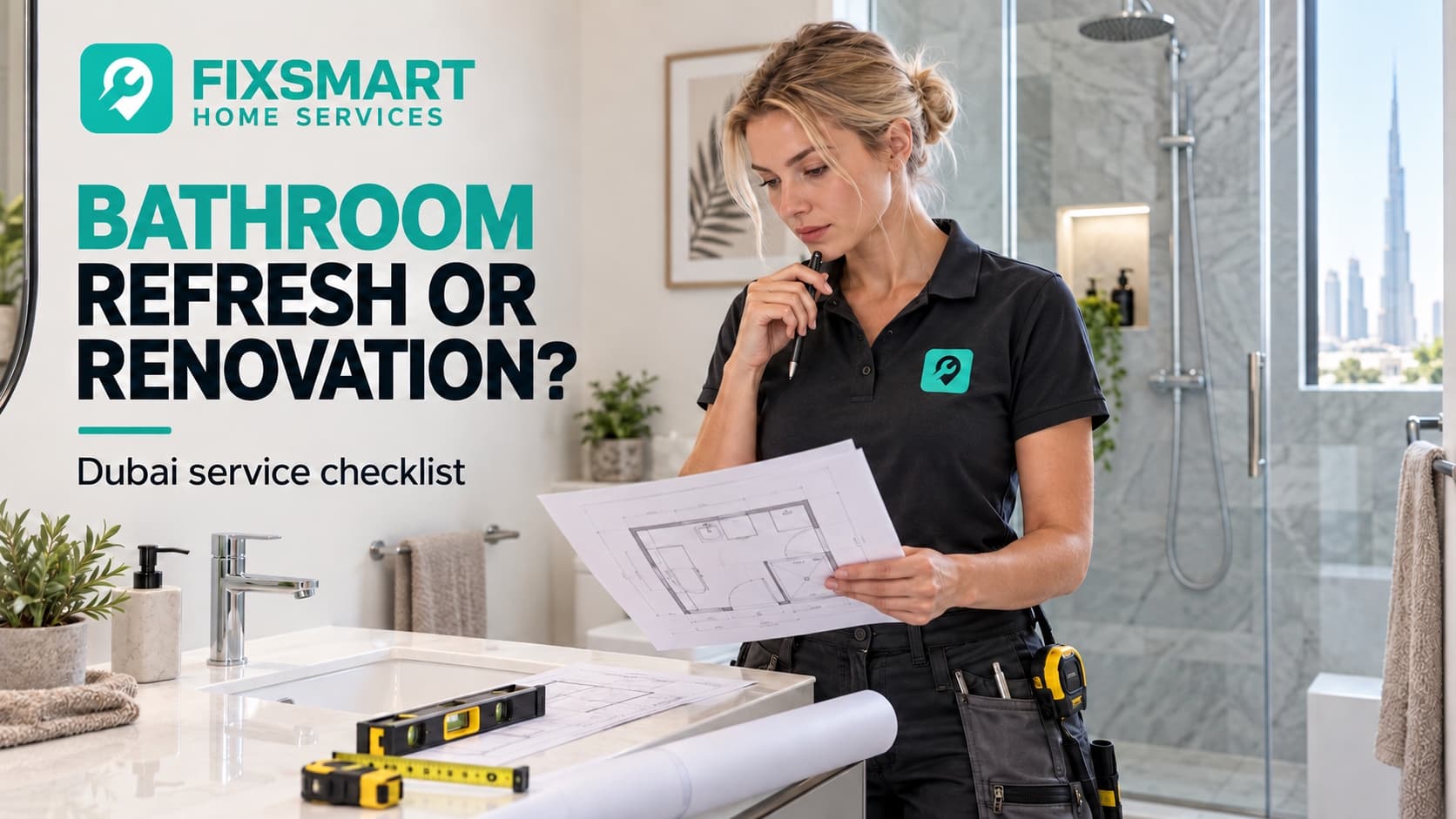 Illustrative designer reviewing bathroom plans beside a shower