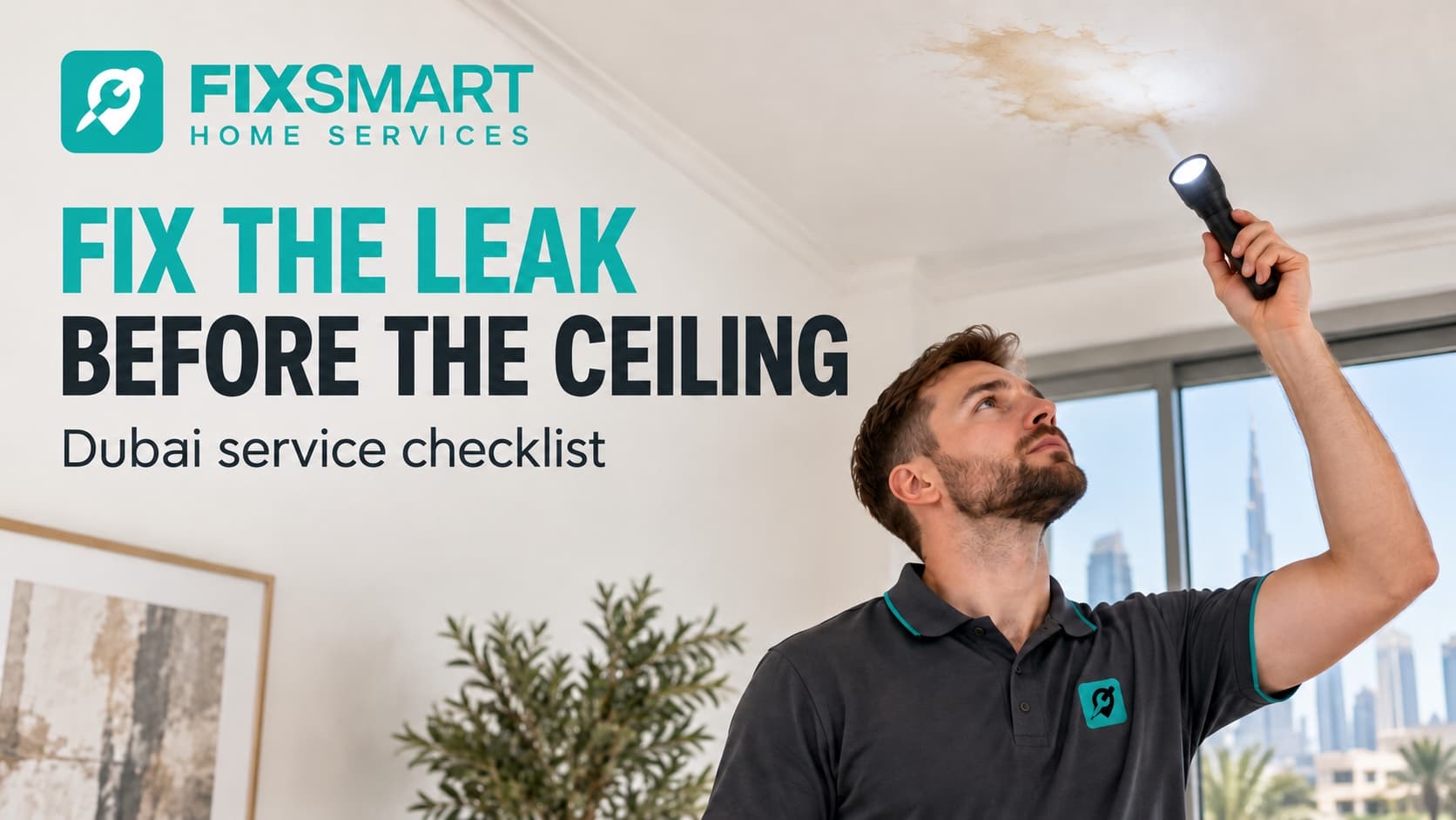 Illustrative professional inspecting a ceiling stain after a leak