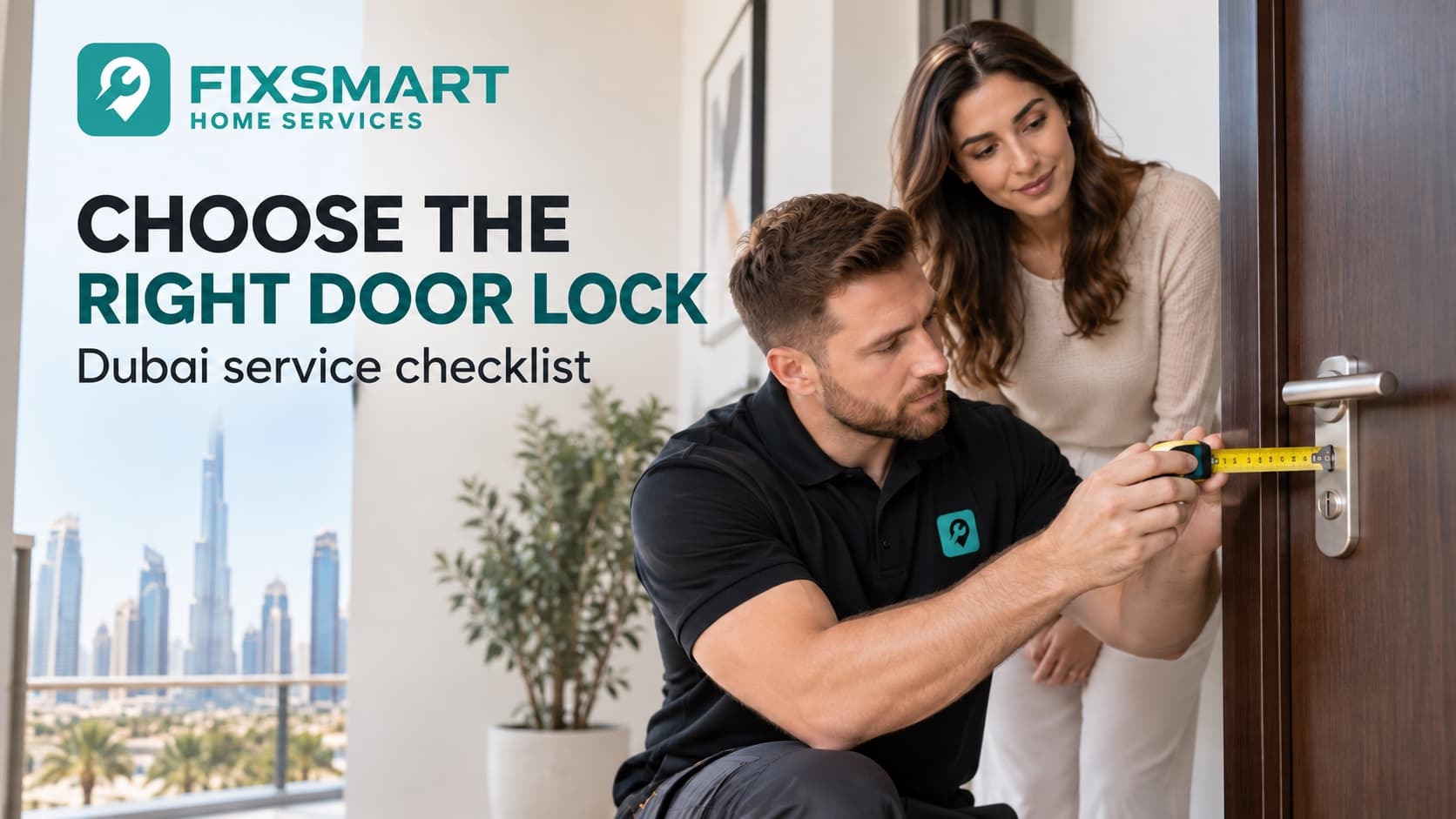 Illustrative authorised door technician measuring lock hardware with the resident