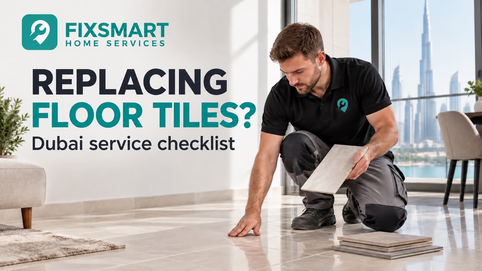 Illustrative tiler checking replacement floor tiles beside the repair area