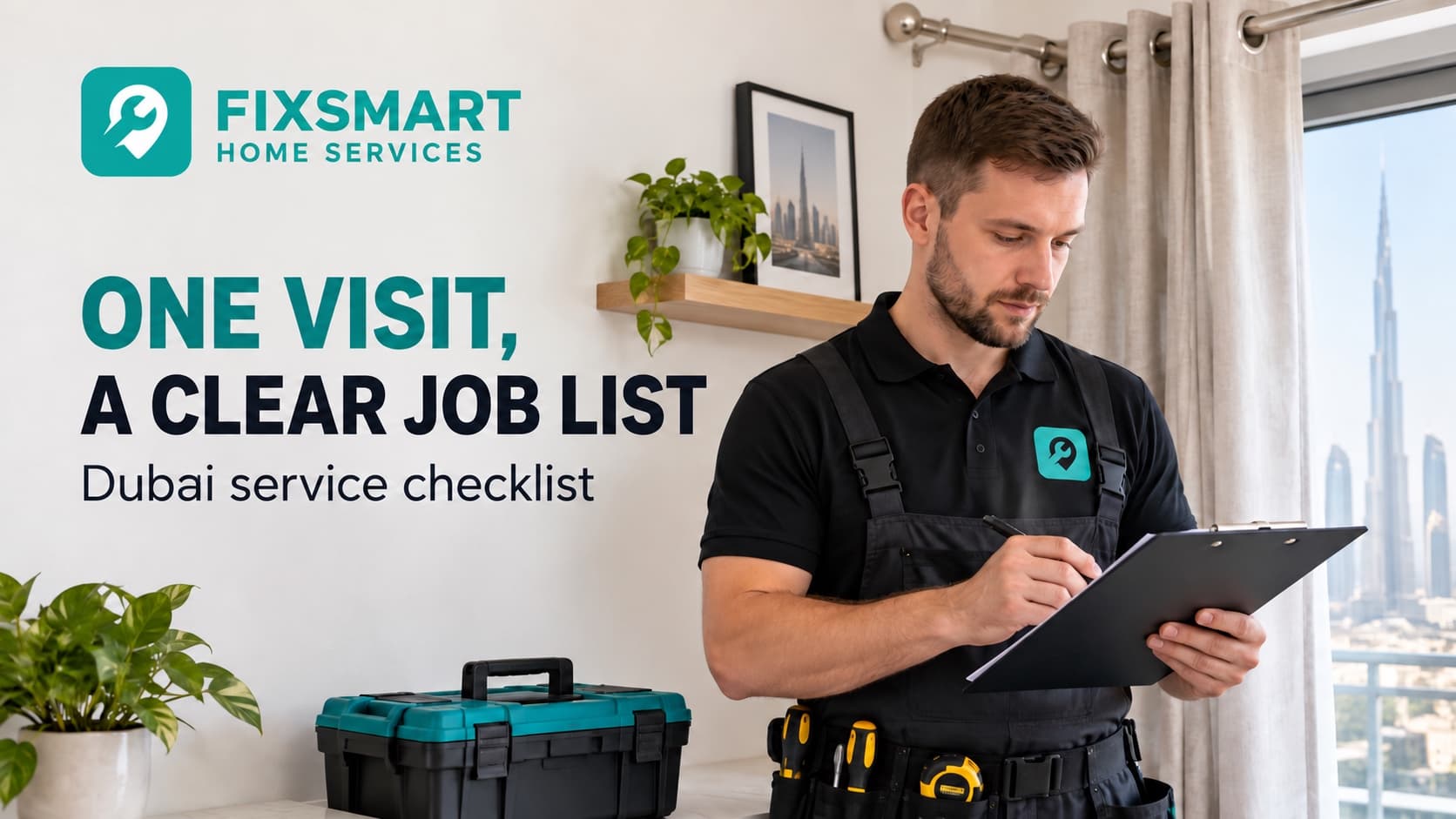 Illustrative handyman reviewing a list of small home installation tasks
