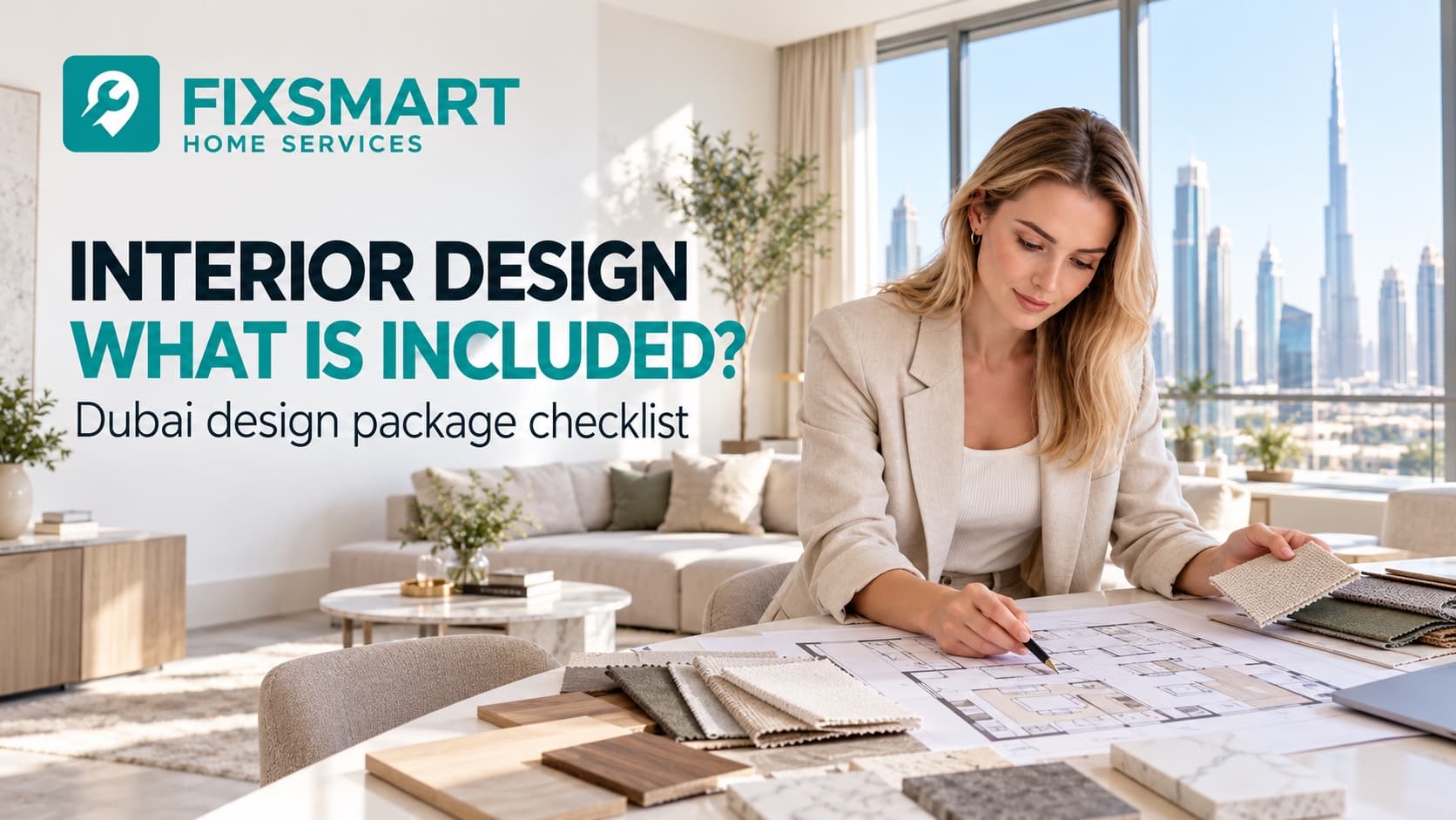Illustrative interior designer reviewing a residential floor plan and fabric samples