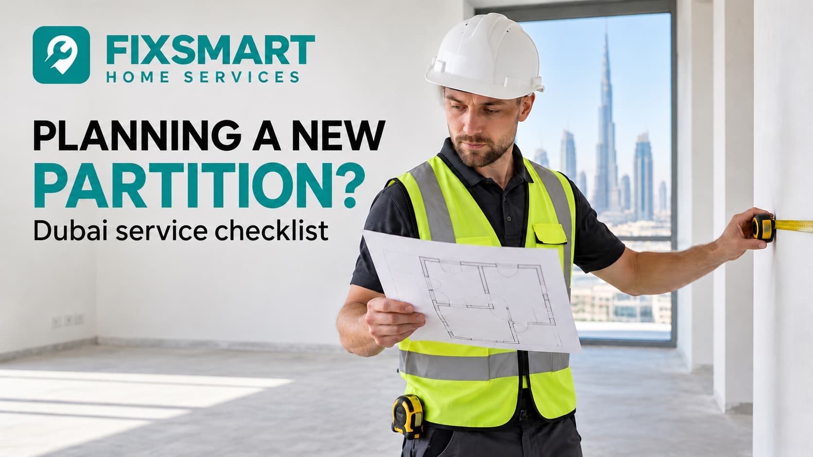Illustrative construction professional reviewing an interior partition plan