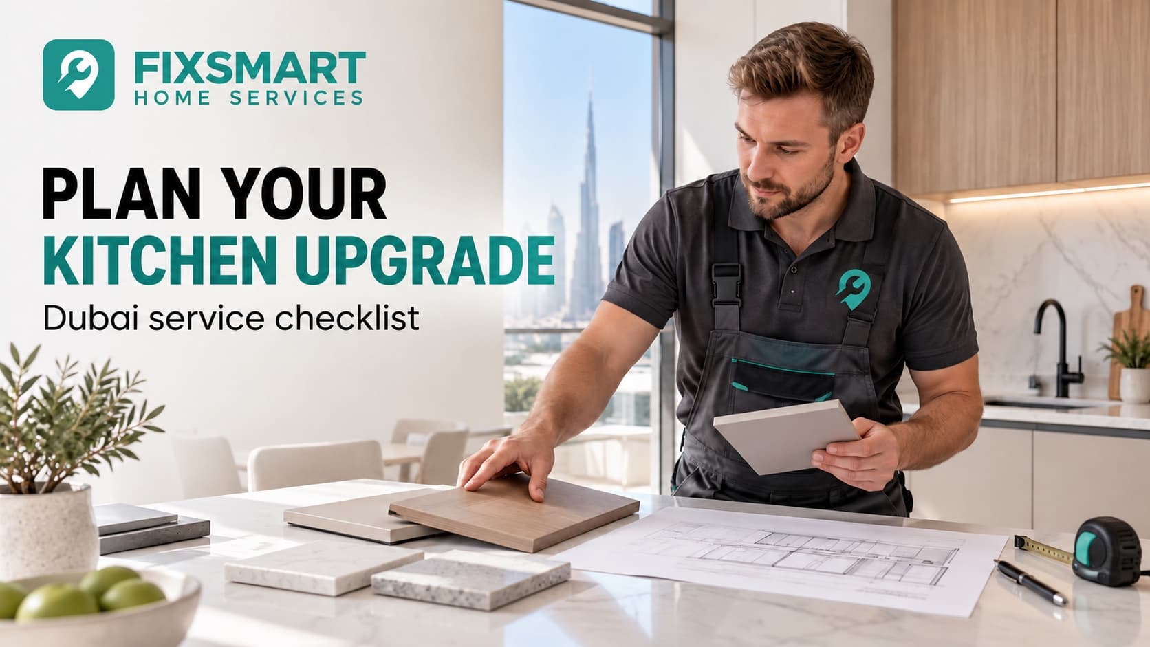 Illustrative kitchen professional reviewing worktop samples and upgrade plans