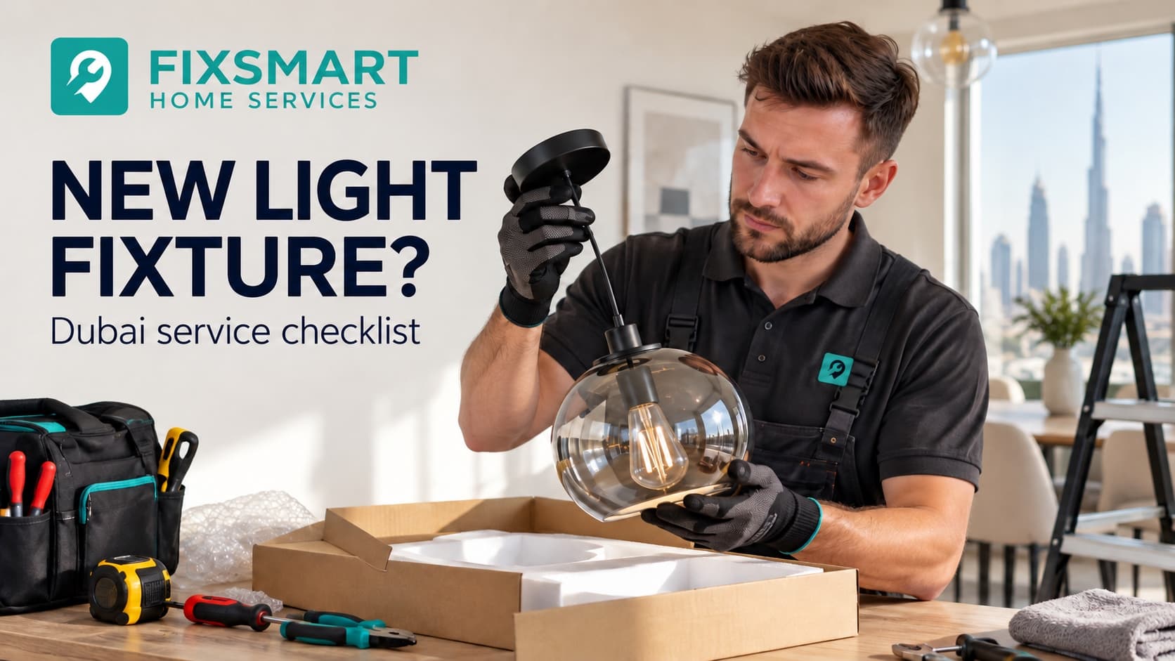 Illustrative electrician inspecting a pendant light before installation