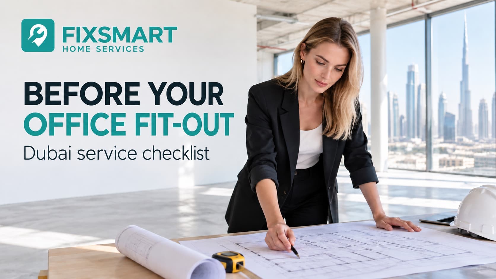 Illustrative fit-out designer reviewing an office layout plan