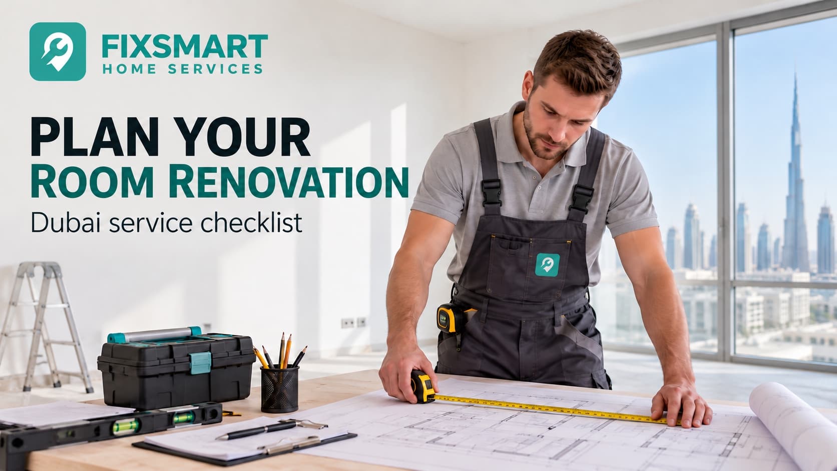 Illustrative renovation professional reviewing a room plan and measurements