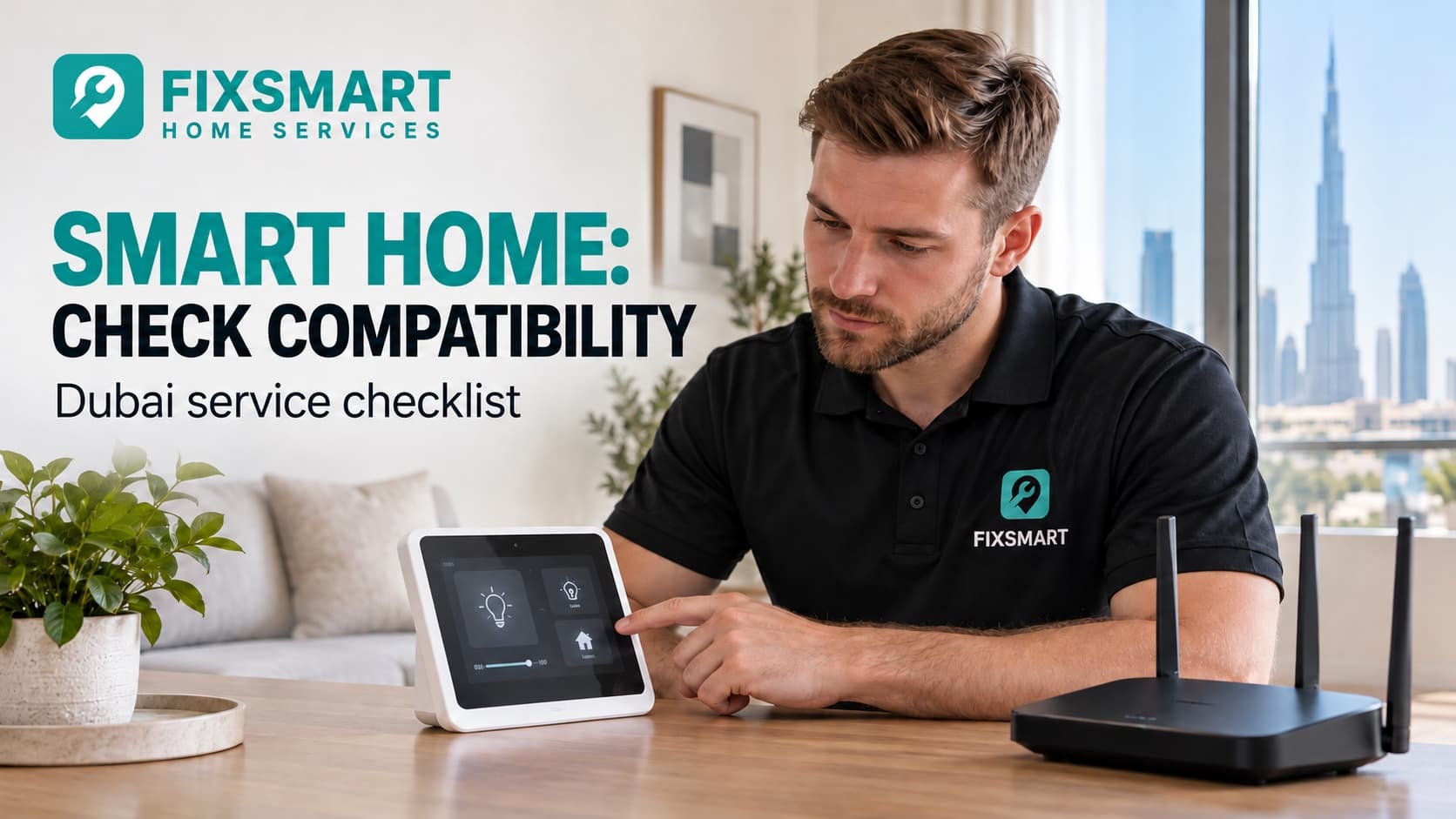 Illustrative smart-home installer checking a control tablet and network equipment