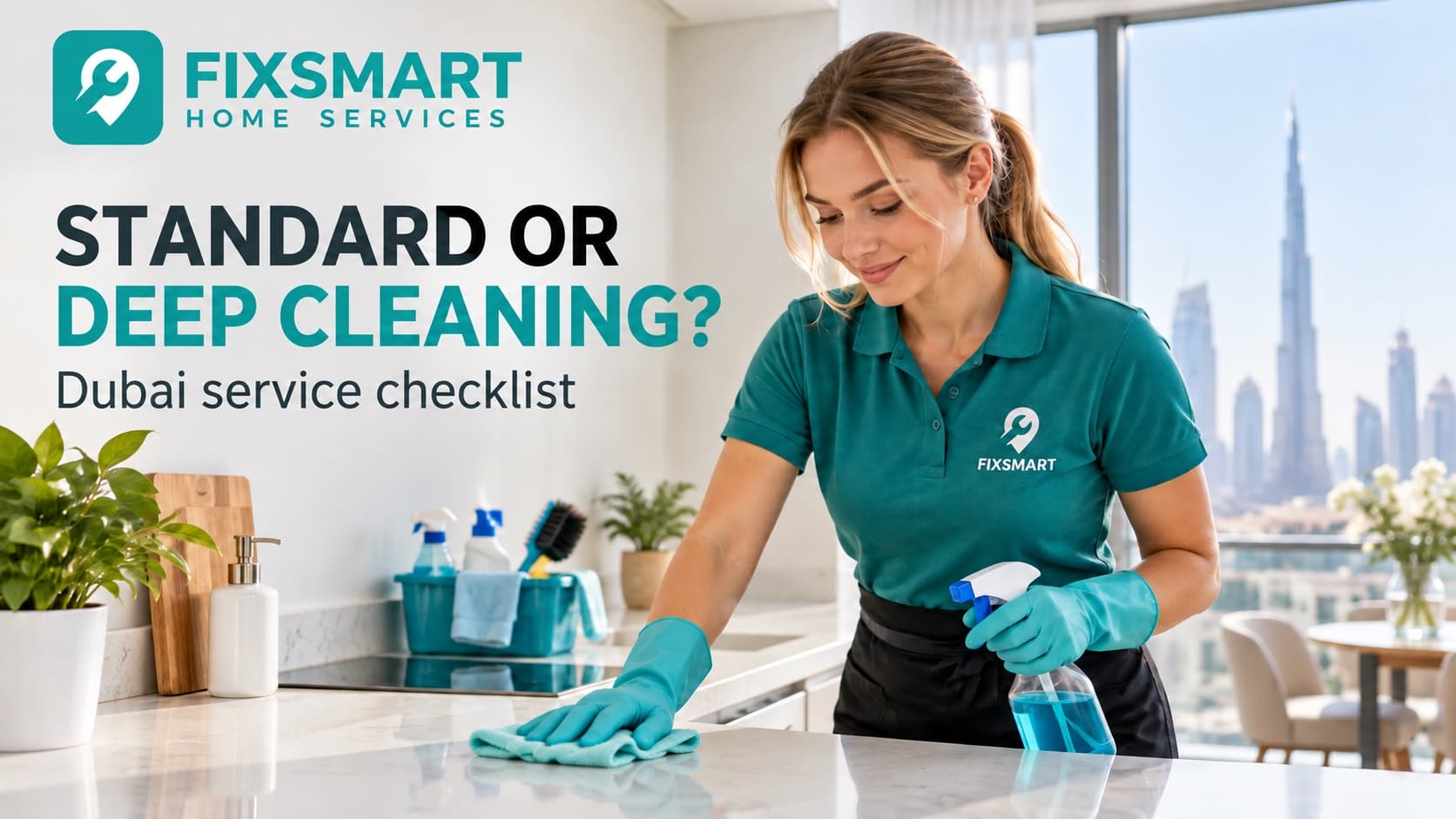 Illustrative cleaner wiping a kitchen counter in a Dubai apartment