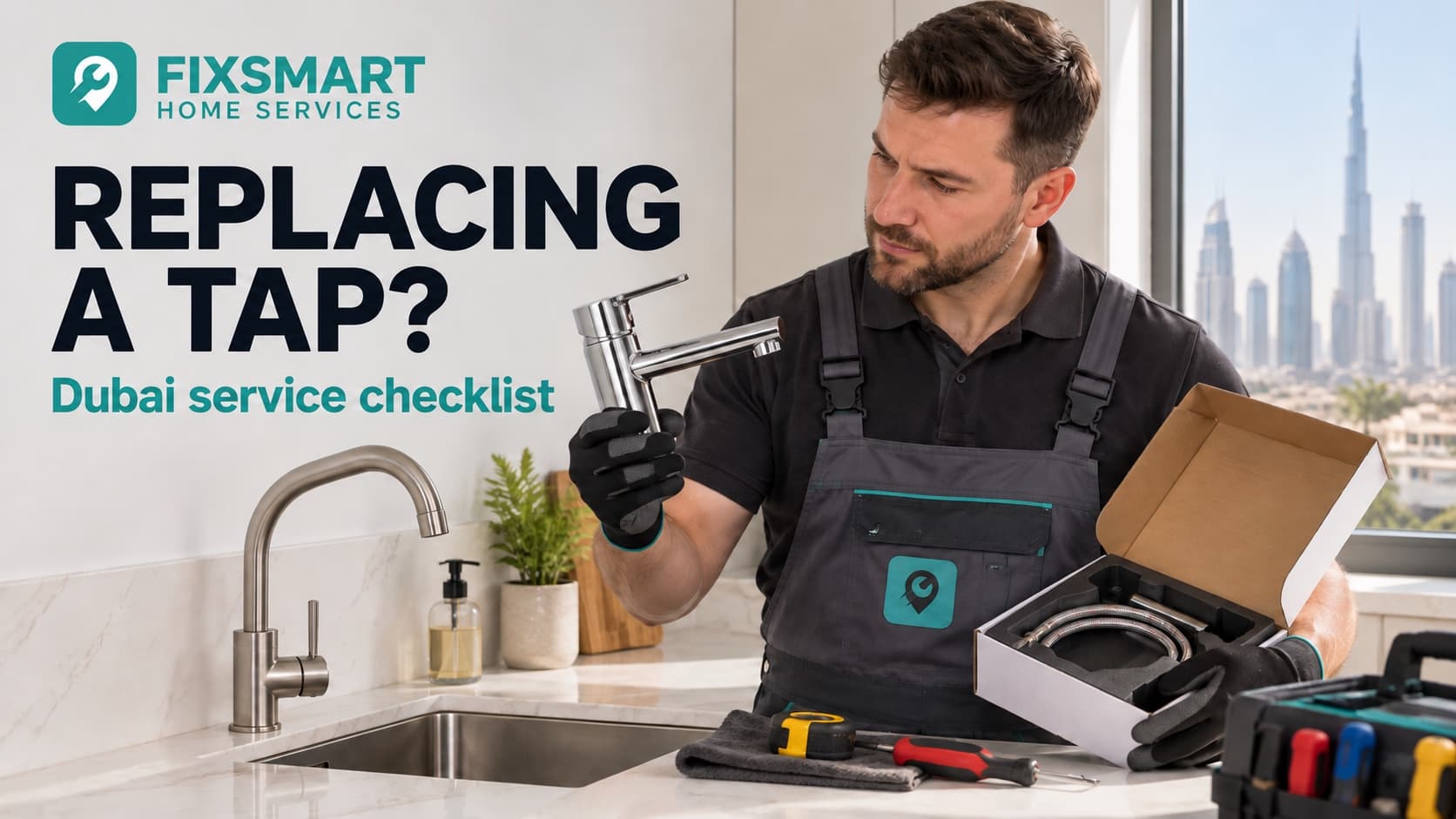 Illustrative plumber comparing a replacement kitchen mixer with the existing sink