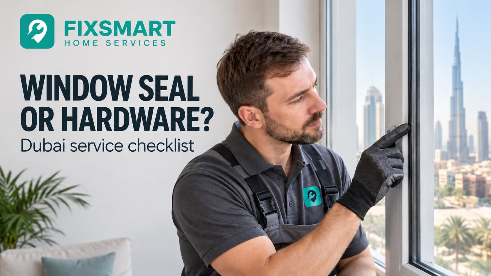 Illustrative window technician inspecting closing hardware from inside an apartment